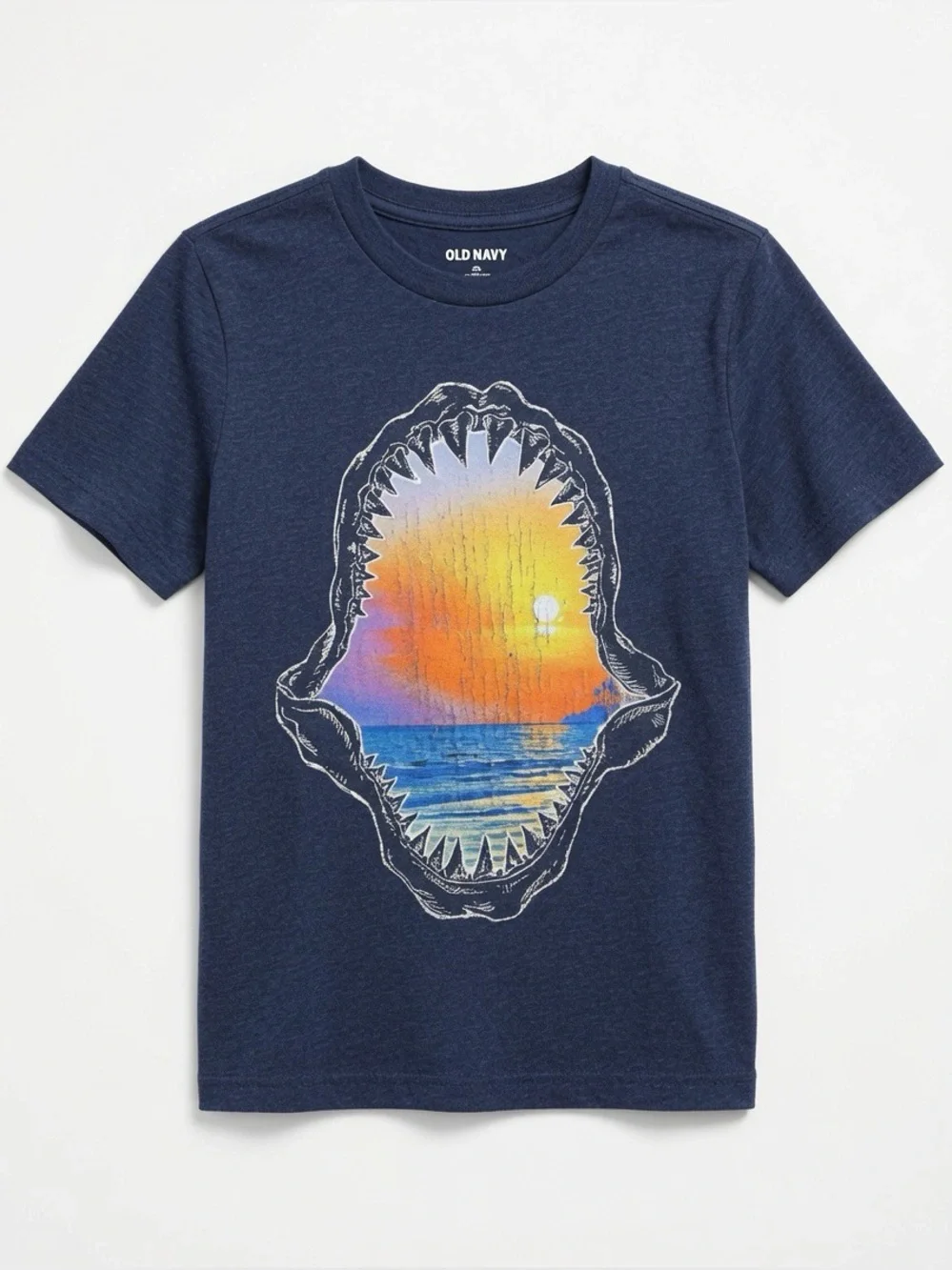 🟢3/$15 OLD NAVY Distressed Shark Mouth Sunset Graphic Tee